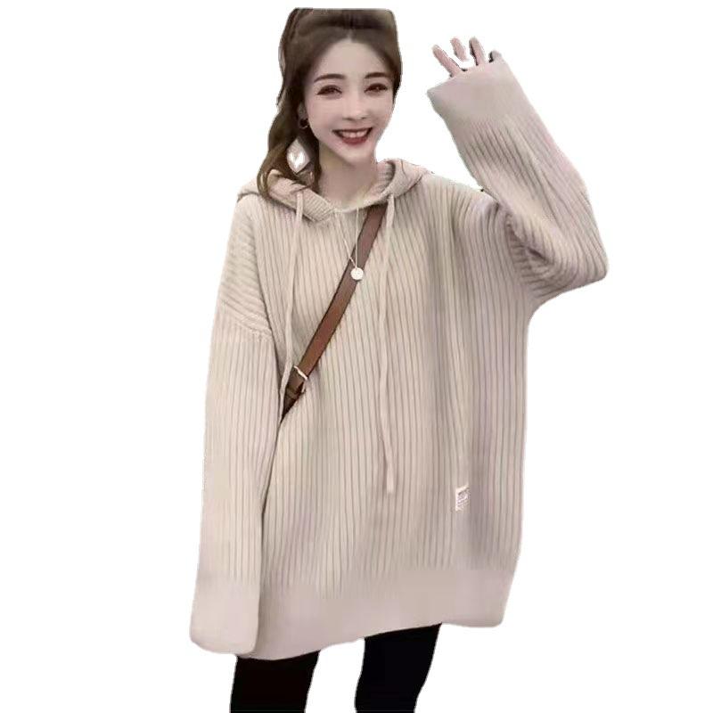 Women's Hooded Sweater Sweatshirt Mid To Long Style Pullover Sweater Knitted Top Autumn and Winter