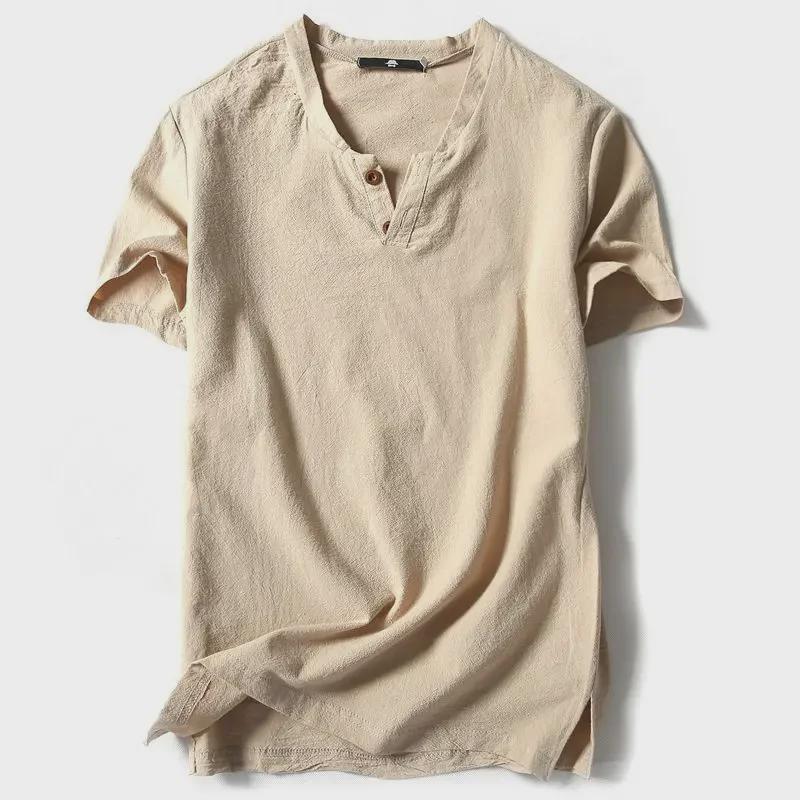 Men's Chinese-Style Short-Sleeve V-Neck Linen T-Shirt