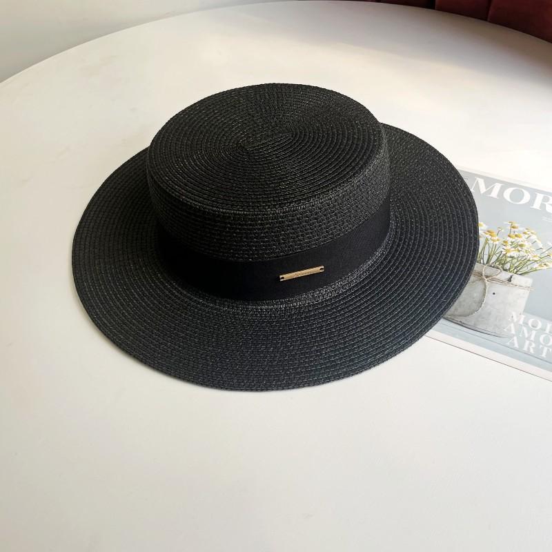 Luxury Elegant Women Summer Straw Hat Flat Top Boater Cap Folds Silk Pearl Decor Hand Weave Wide Brim Sun Hat Panama Fedora