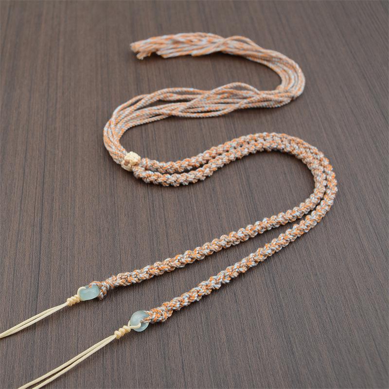 Tibetan Style Hand-Knitted Cotton Pendant Necklace with Gold Lock and Jade Dzi Rope.