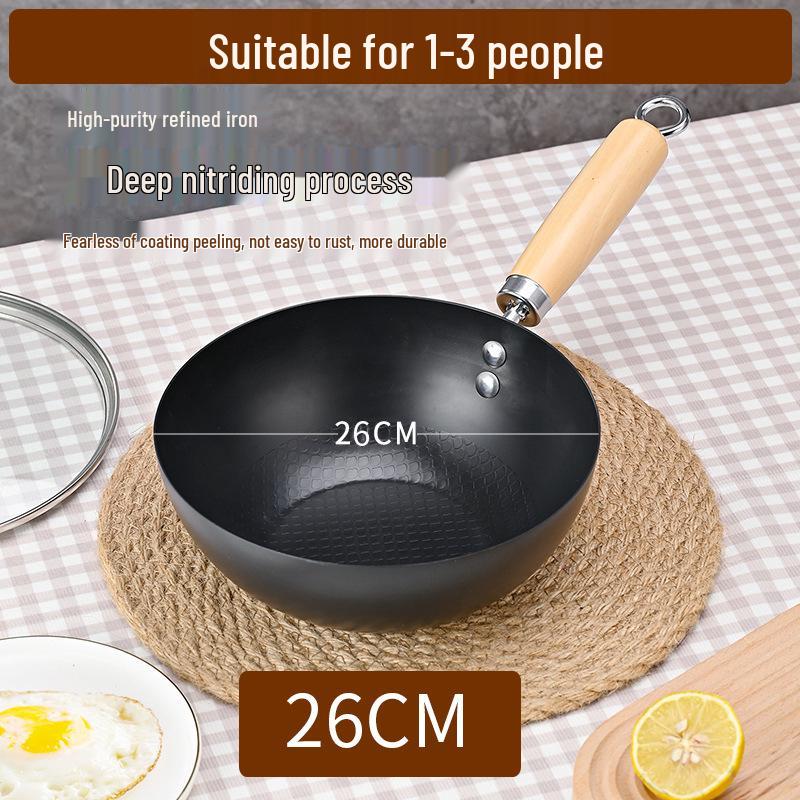 Wok compact din fier pentru stir-fry pentru o persoană, antiaderent, fără strat de acoperire, universal pentru plite cu inducție și pe gaz