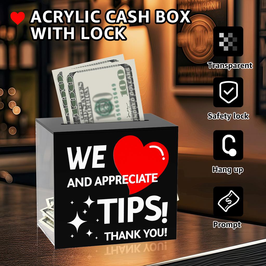 Acrylic Tips Box with Money Slot Tips jar with Lock Suggestion Donation Ballot Box for Salon Bar Coffee Shop Restaurant Counter