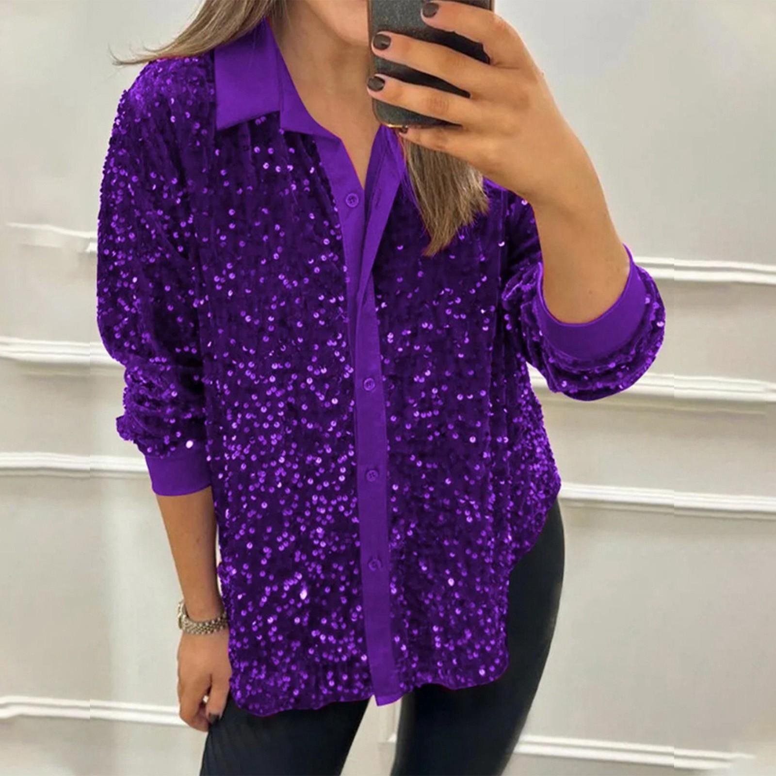 

Женская модная однотонная рубашка с длинным рукавом и воротником на пуговицах с блестками XXXL фиолетовый