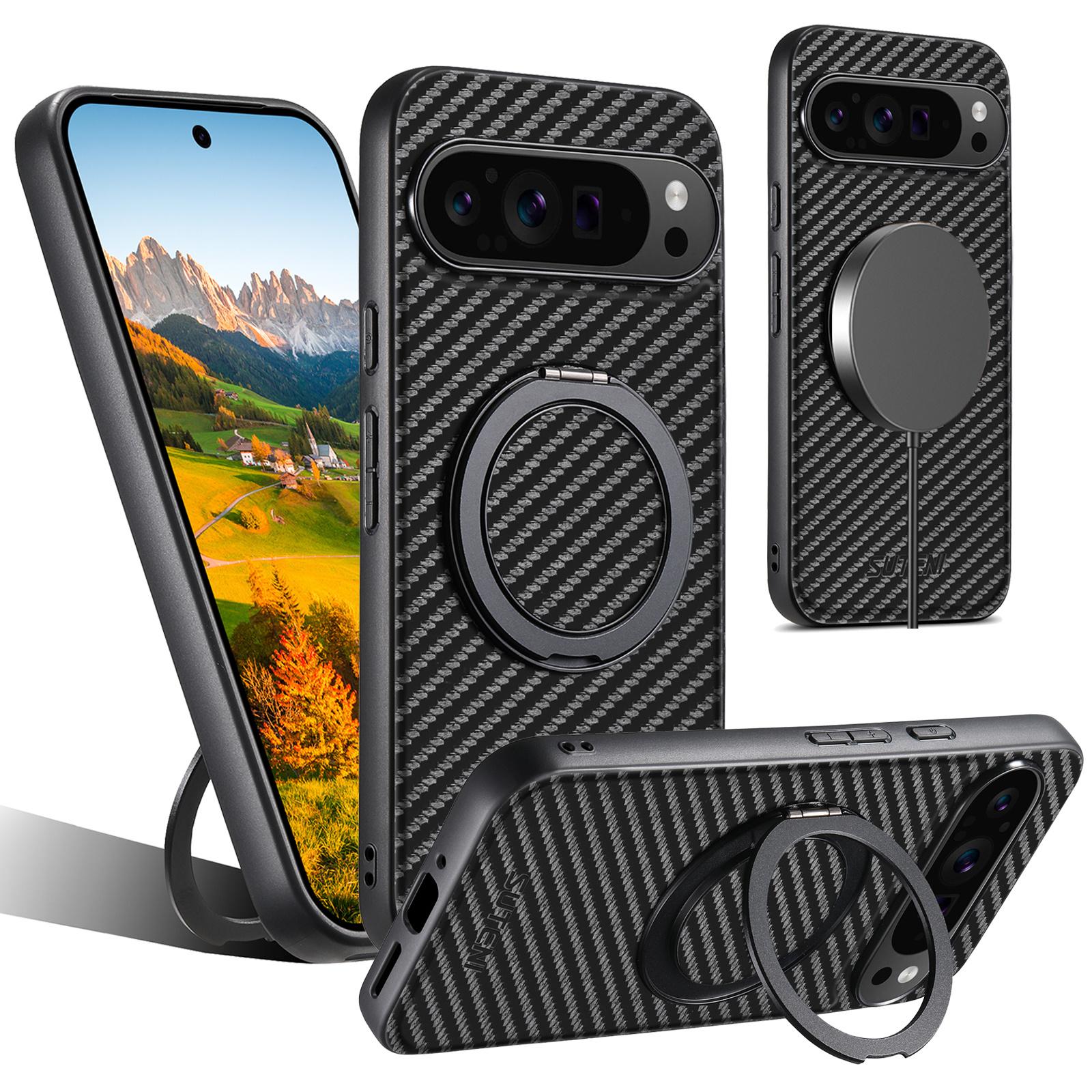 

SUTENI G3 For Google Pixel 9/9 Pro Magnetic Case 360 Degree Rotating Kickstand Carbon Fiber Texture PU Phone Back Cover A