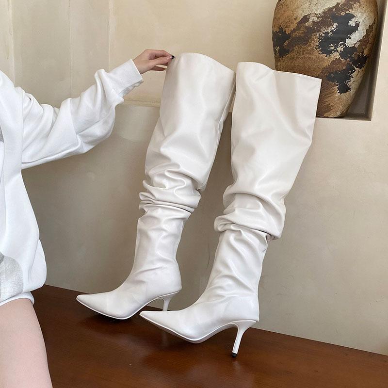 Fashion Fashion Pleated Ladies Modern Boots Slip On Shoes Pointed Toe Women Knee High Boots With Thin Heels Shoes Female Pumps