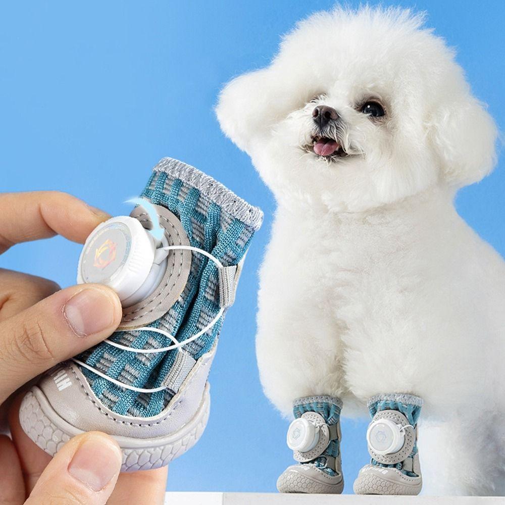 4Pcs/Set Fashion Breathable Button Dog Shoes Reflective Anti-slip Dogs Mesh Shoes Soft Sole Comfortable Dog Footwear Summer