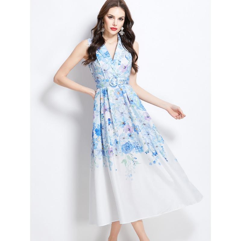 Summer Women Vintage Print Designer Runway Dress Sleeveless Blazer Collar Seaside Beach Long Maxi Tank Dresses