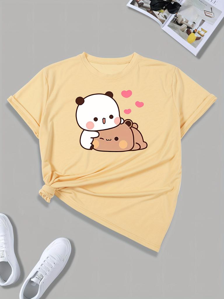 Cartoon Print Round Neck T-shirt Short Sleeve Minimalist Playful Design Fashion Illustration Tee Comfortable Casual Fit harajuku