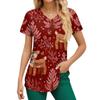 Women's Christmas Printing Short Sleeve V-neck Tops Working Pocket Blouse