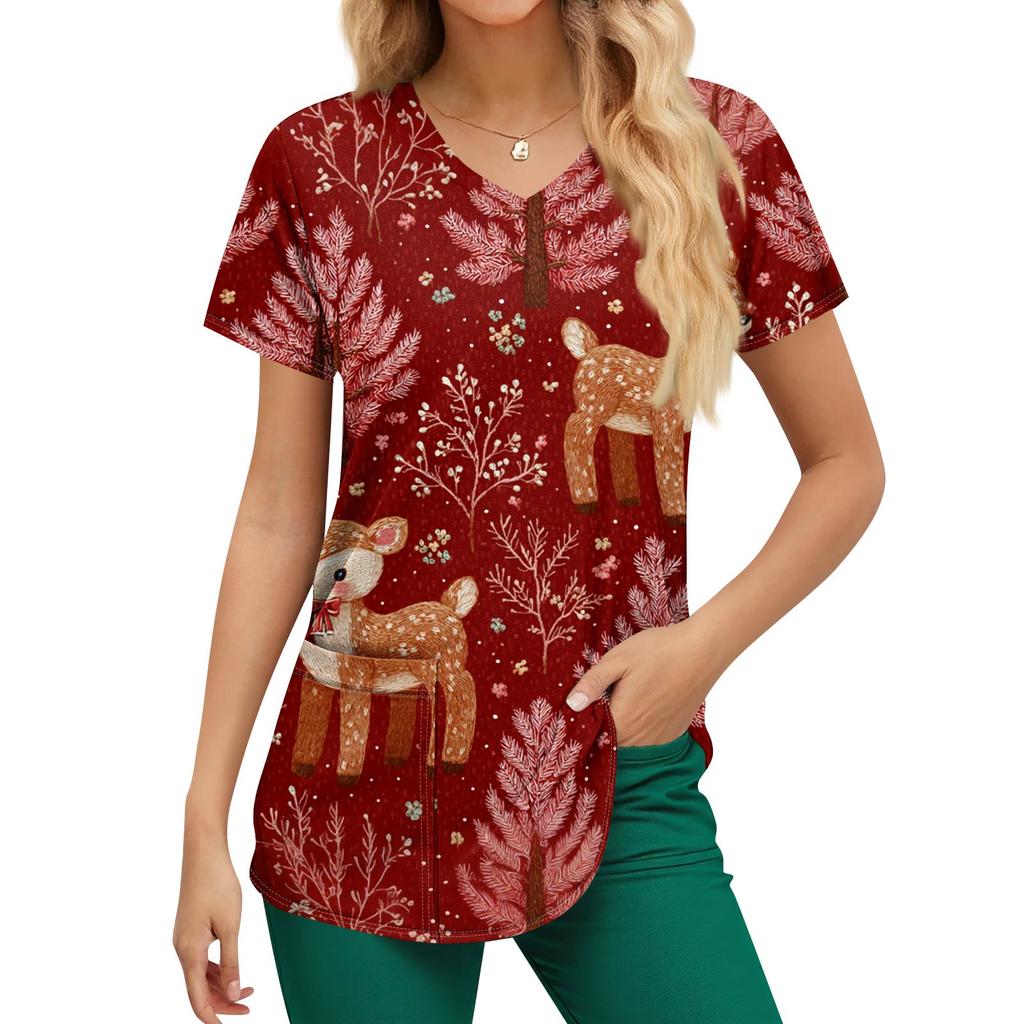 Women's Christmas Printing Short Sleeve V-neck Tops Working Pocket Blouse