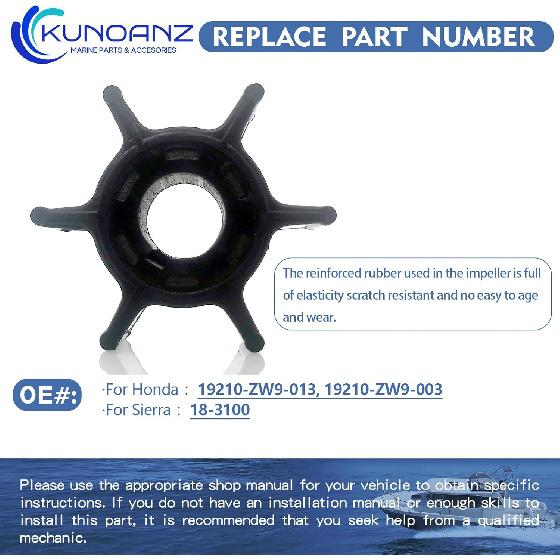 19210-ZW9-013 19210-ZW9-003 Water Pump Impeller For Honda 8 9.9 HP 8HP 9.9HP 4 Stroke Outboard Sierra 18-3100 BF8D BFP8D BF9.9 BFP9.9