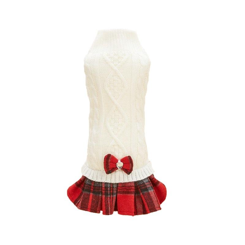 Vestido de Pelo de Mascota Blanco Gris Suéter de Punto Empalmado Lazo Falda a Cuadros Abrigo de Lana Suéter Ropa de Navidad para Perro Ropa para Cachorro