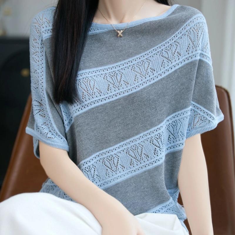 Women s Grey Blue Striped Hollow Knit Boat Neck Batwing Short Sleeve Top M