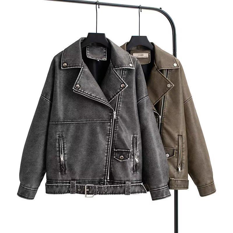 2023 Autumn European & American Style Oversized Washed PU Leather Lapel Jacket for Women