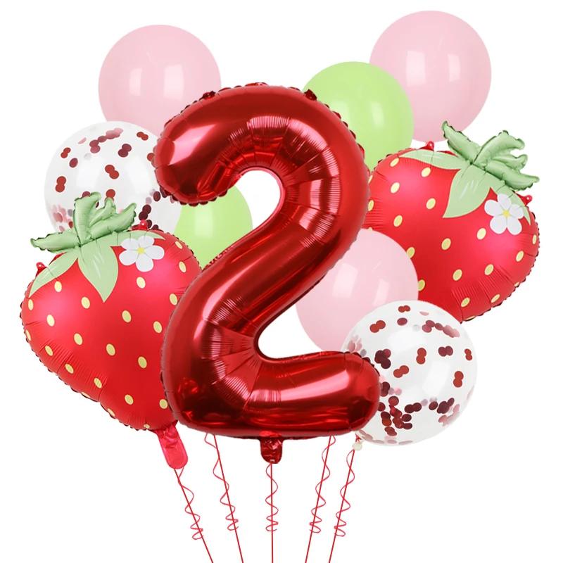 11Pcs 32inch Red 1-9 Years Old Digital Aluminum Film Strawberry Red Polka Dot Balloons Set Birthday Party Baby Shower Supplies