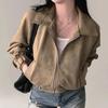 Korean Chic Autumn Retro Faux Suede Stand-Up Collar Zip-Up Jacket for Women