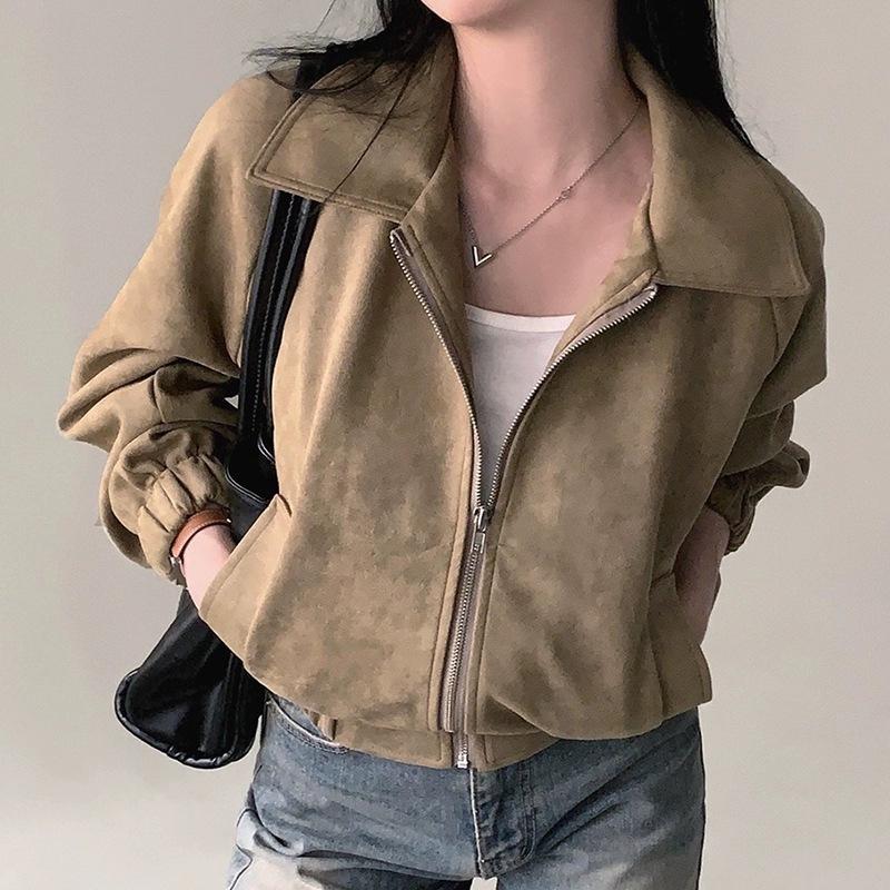 Korean Chic Autumn Retro Faux Suede Stand-Up Collar Zip-Up Jacket for Women