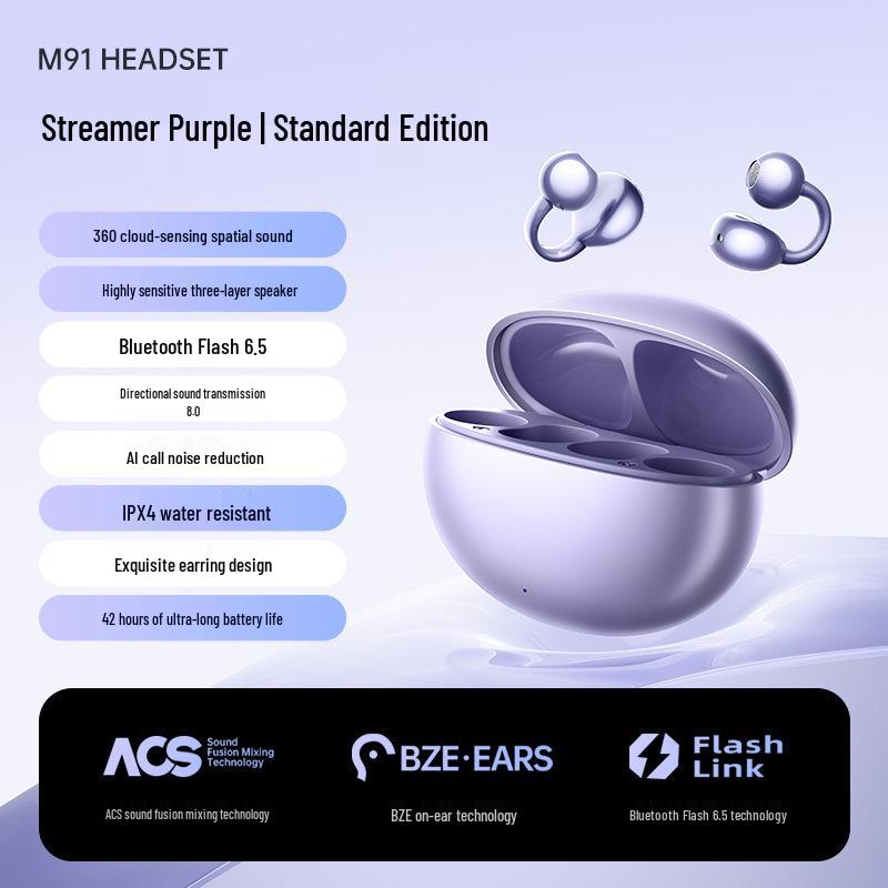 2025 M91 Wireless Earclip Bluetooth Headphones: In-Ear, Bone Conduction, Long Battery Life