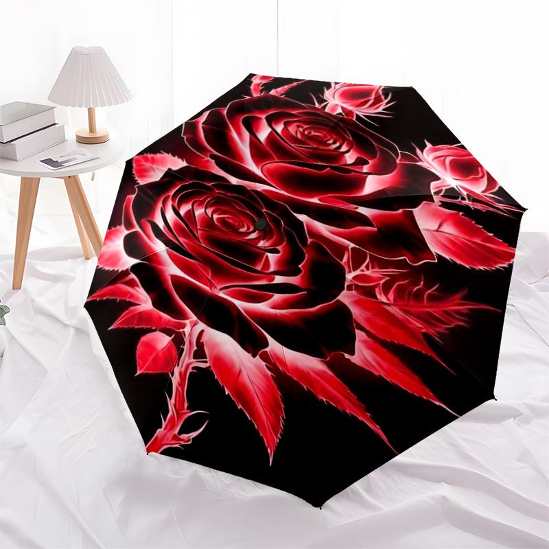 Red Rose Auto Open Close Umbrella - Portable Folding Design with 8-Bone Iron Frame, Perfect for Outdoor, Festive Gifts, Travel, Daily Use, a