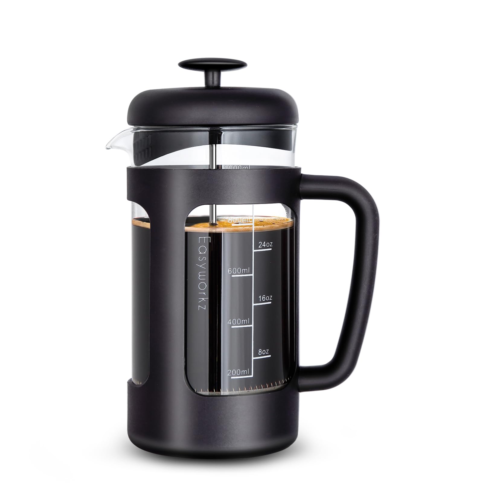 

Easyworkz Heat-Resistant Glass French Press for Coffee & Tea, Soft Grip, 1000ml (8 Cups), Black