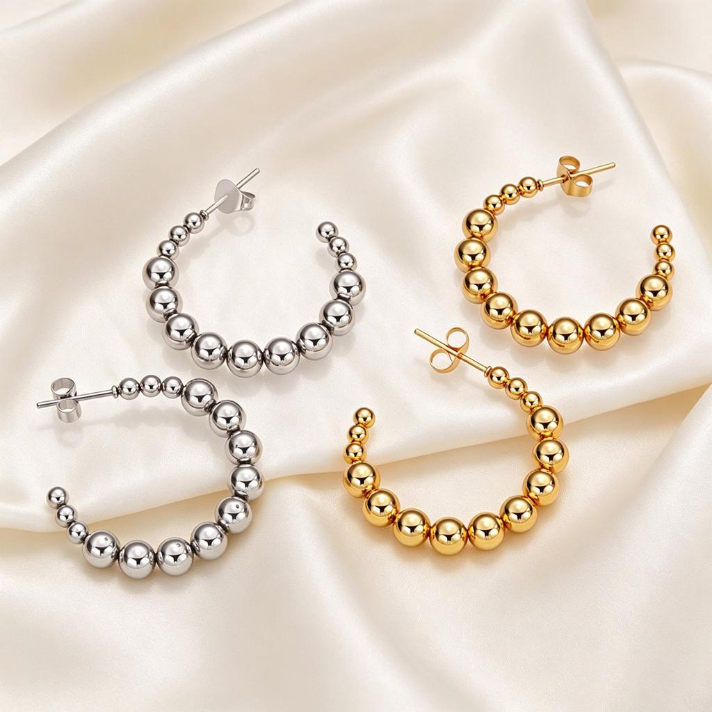 Elegant Stainless Steel Round Bead Earrings - Simple High-End European & American Style Stud Jewelry for Women