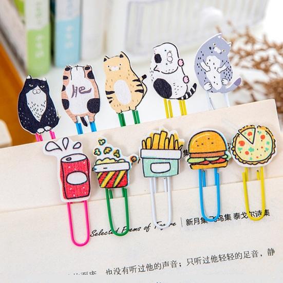 10Pcs Cartoon Wooden Paper Clips Set Cute Cat Food Shape Bookmark for Students Colorful Decorative Stationery for Journal Note