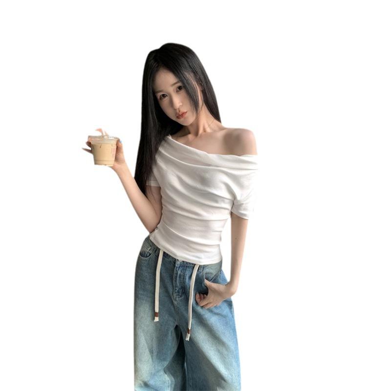 Spice Girl Solid Color Shoulder Slim and Thin T-shirt Summer Versatile Fashion Chic Pure Desire Style Sexy Niche Top