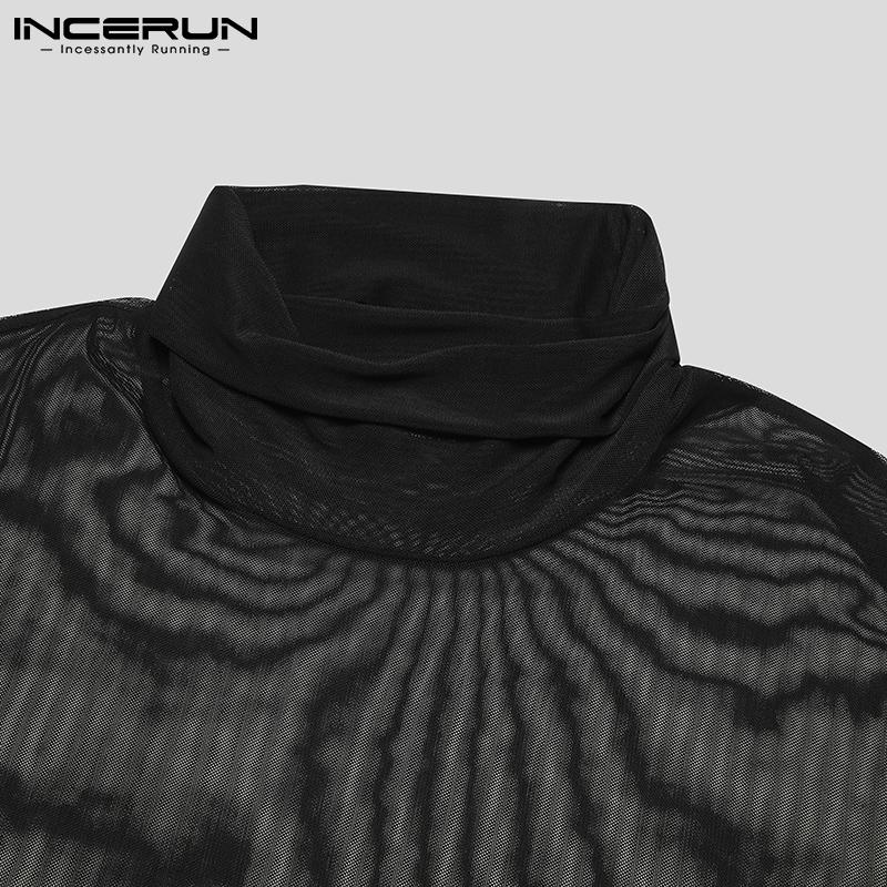 INCERUN Modne męskie koszule z siateczką na szyję i długim rękawem Slim Fit Party Club długie podkoszulki