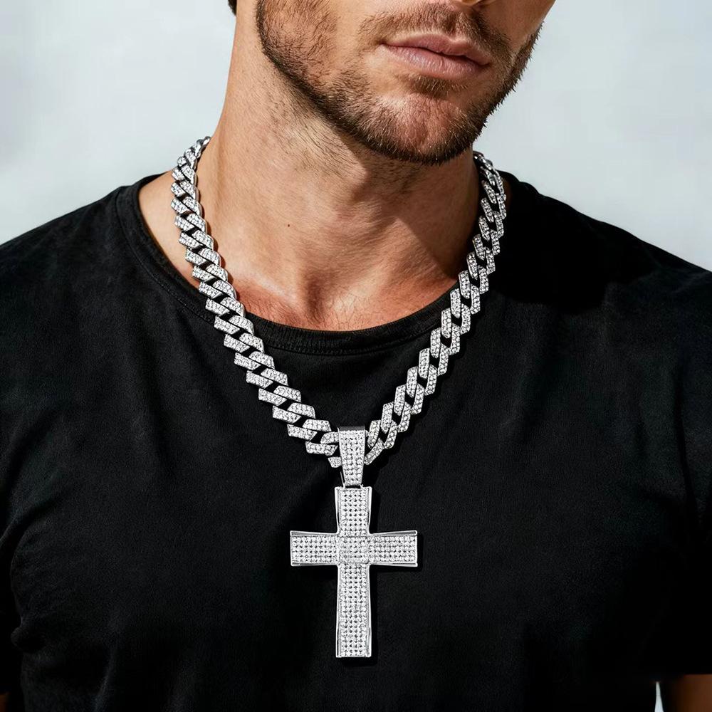 European and American Hot Selling Personalized Cross Cuban Chain Niche Design Full Diamond Hip-hop Cuban Chain Necklace Men's Necklace