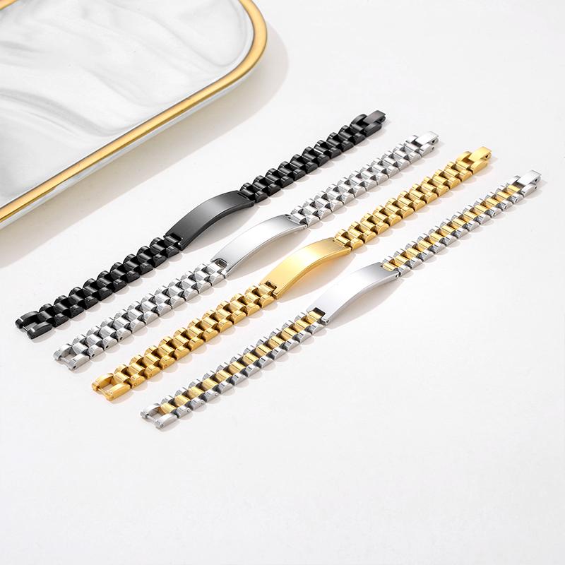 Stainless Steel Custom Engraving Name Logo  Watch Band Chain Wristband ID Bracelets for Men