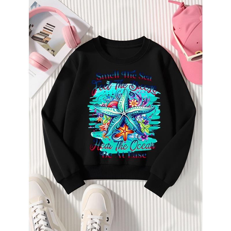Girls Soft Crewneck SweatshirtSmell The Sea Feel The Breeze Starfish Floral Print with Cute Creative Print, Casual All-Match for Fall Winter