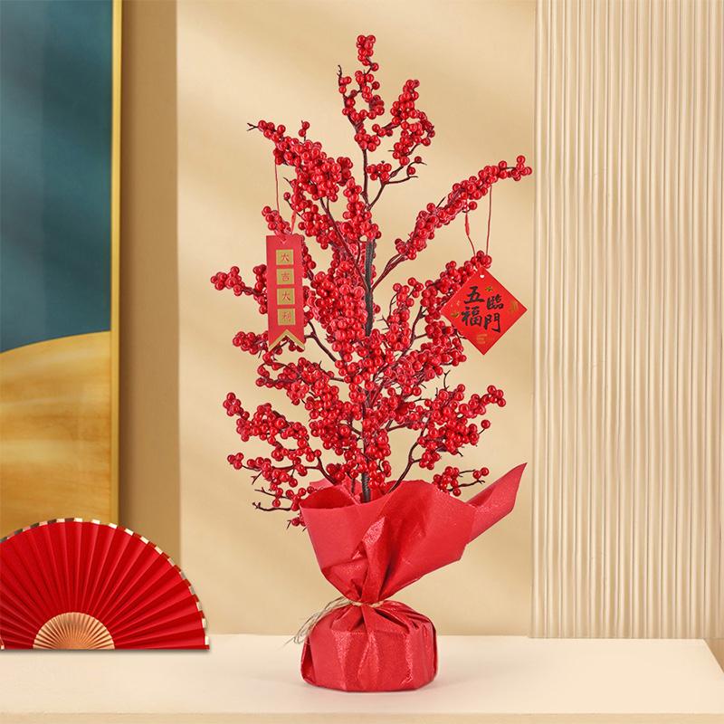 

1 шт., декор для весеннего фестиваля, красное фруктовое дерево, искусственная красная ягода, 2024, китайский Новый год, 52 см