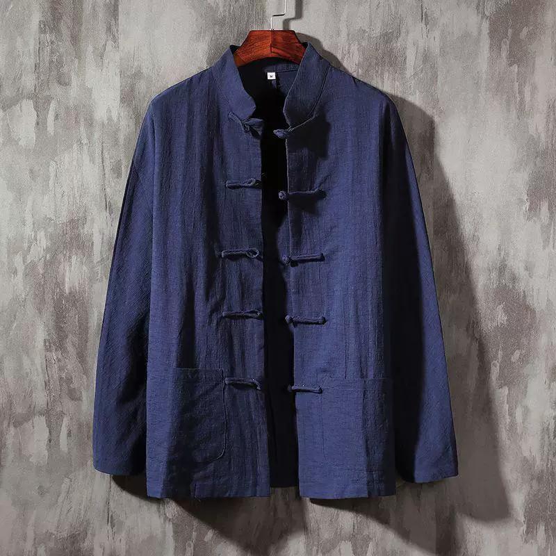 Men's Spring and Autumn Plus Size Solid Colour Chinese Linen Long Sleeved Plate Buckle Cotton Shirt Stand Up Collar Retro Shirt