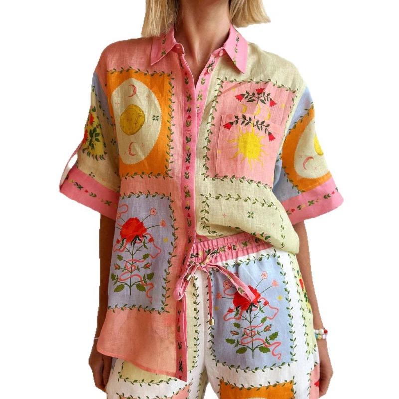 Summer Ladies Vacation 2-piece Casual Fashion Linen Shirt Collar Cardigan Long Suit