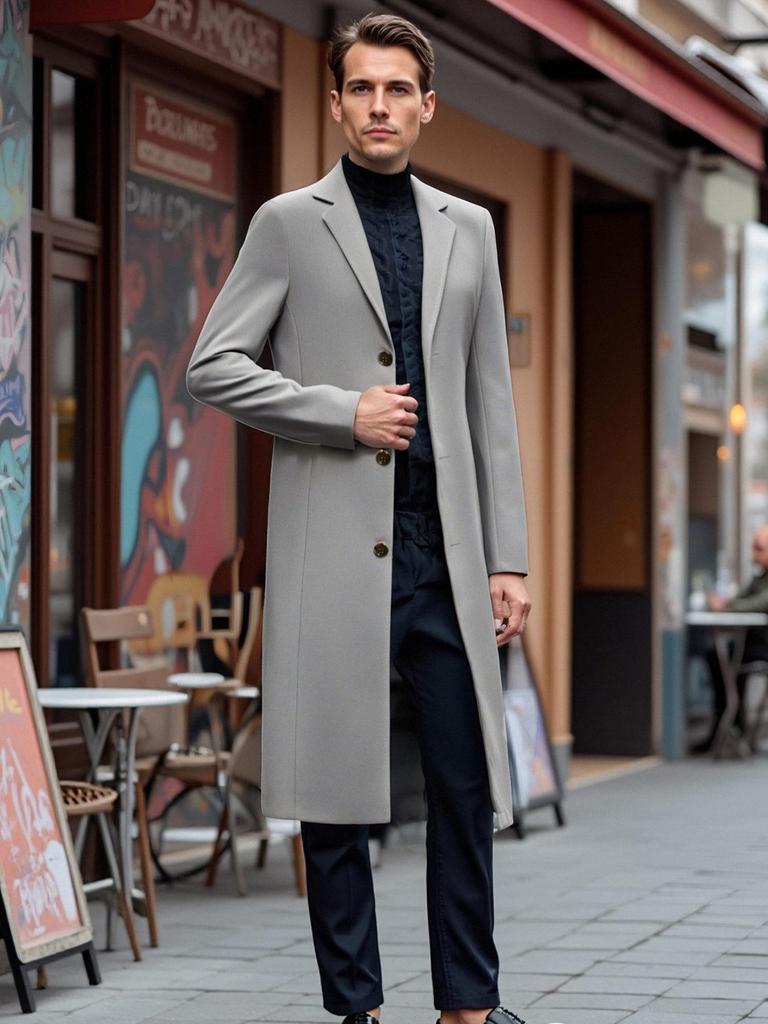 2025 Men's Wool Trench Coat - British Classic, Business Casual, Available in European and American Sizes, Elegant Long Over-the-Knee Design