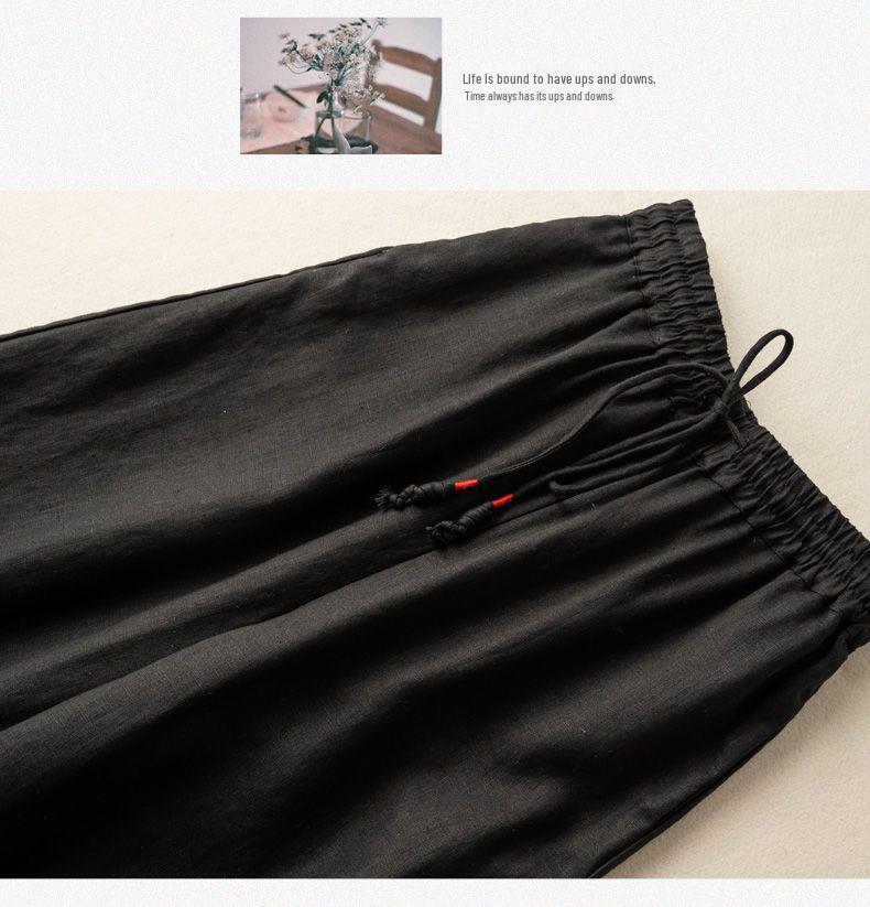 2024 Spring Summer Women's Cotton Linen Embroidered Wide-Leg High-Waist Casual Pants