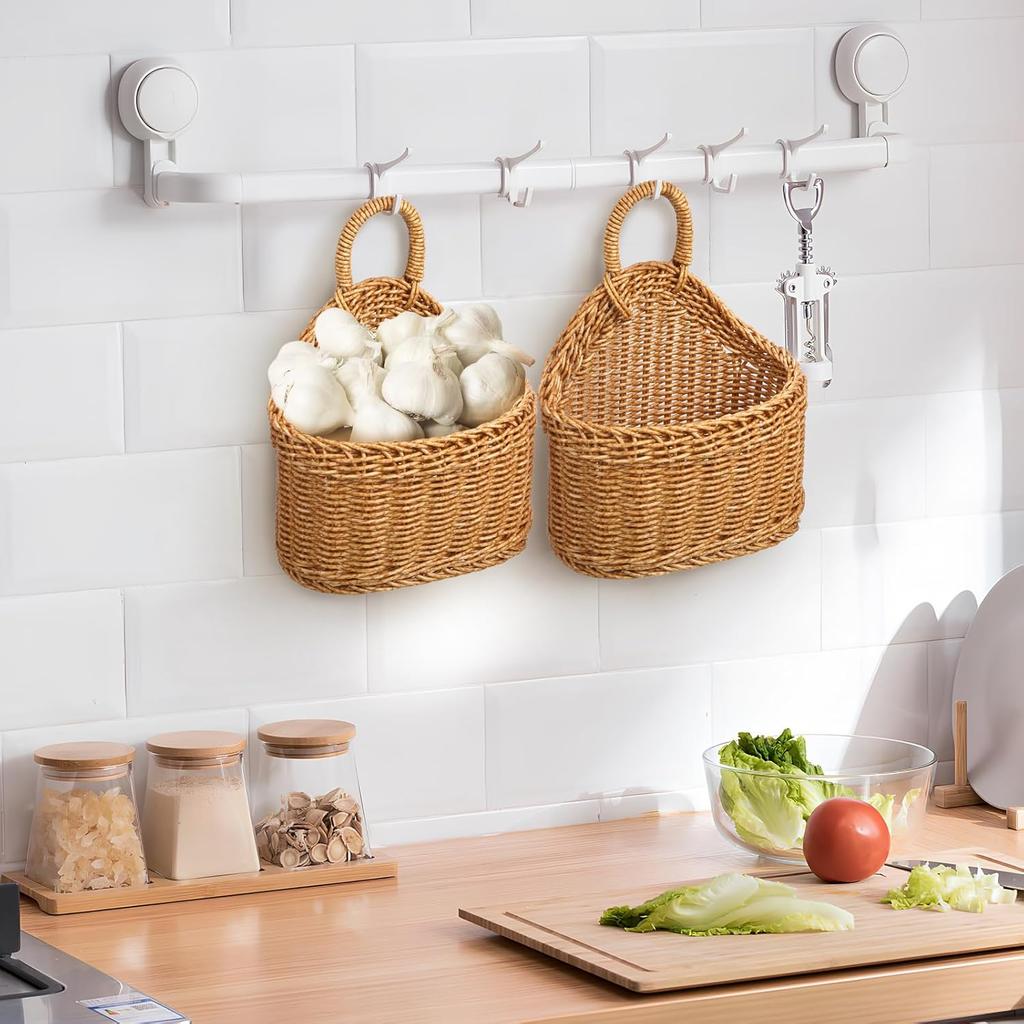DOITOOL Hanging Wicker Baskets: 2Pcs Woven Plastic Storage Basket, Wicker Hanging Storage Bins, Seagrass Wall Basket for Home Wedding Decorations -
