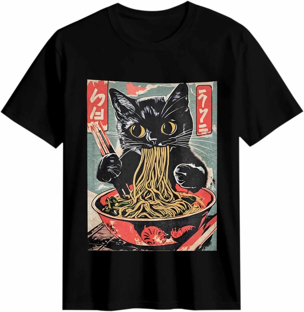 Black Cat Eating Ramen Noodles Japanese Art T-shirt