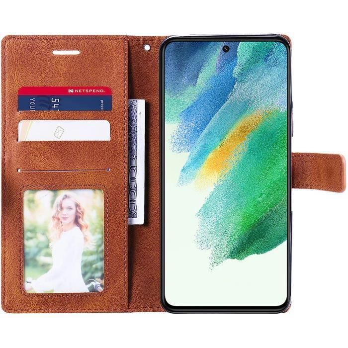 Coque de protection pour samsung galaxy s21 fe - booling - portefeuille souple en cuir pu - marron