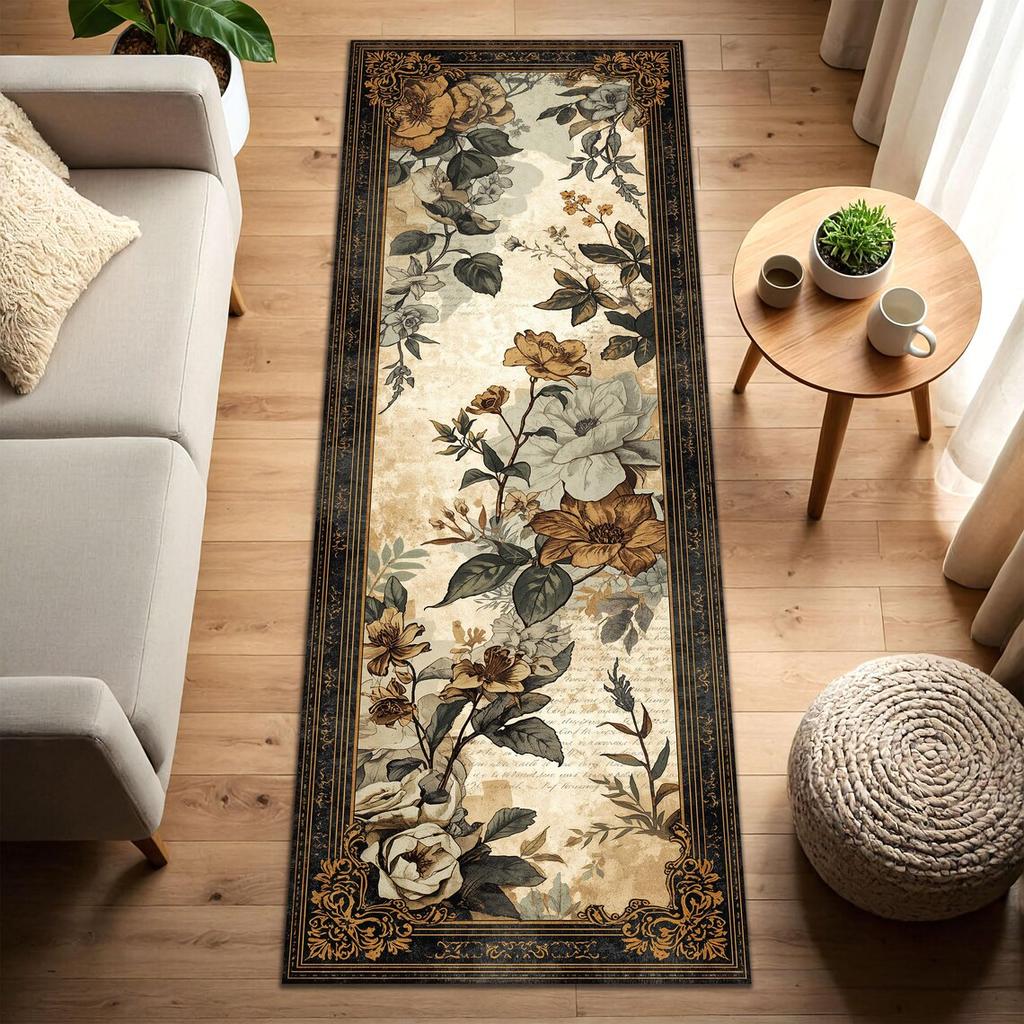 Rustic Floral Hallway Rug Non-Slip Washable Kitchen Runner Vintage Botanical Flowers  Ferns Print Floor Mat for Boho Home Decor
