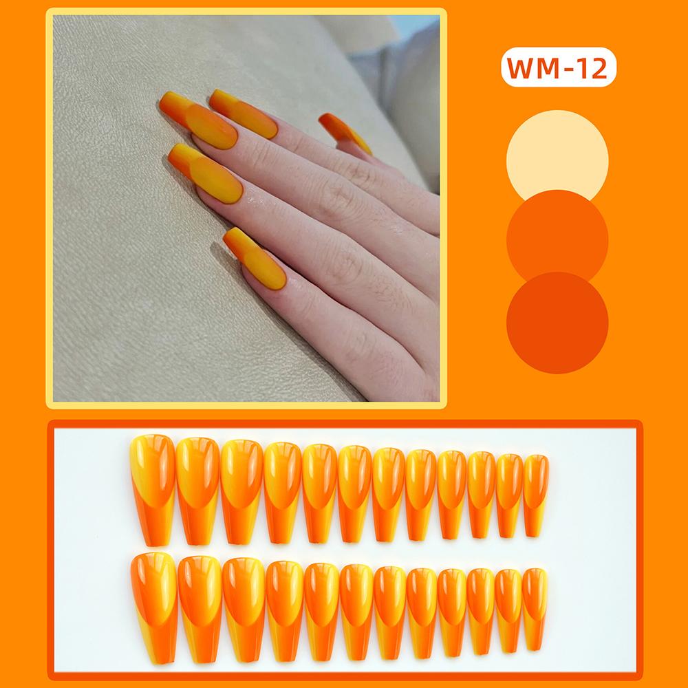 24pcs Long False Nail Orange Jade Style Removable Nail Solid Color for Lady Beauty Nail Makeup