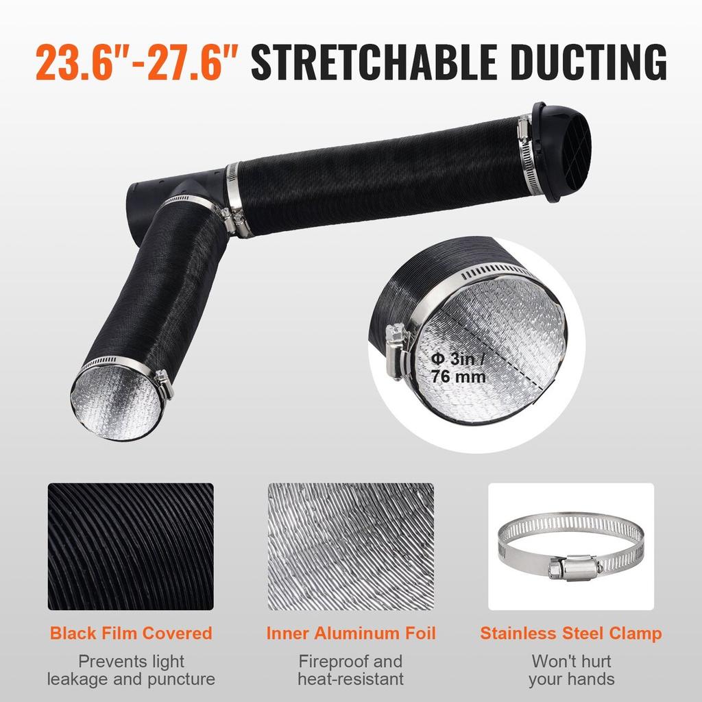 Diesel Heater Pipe Ducting Set, 3" Extendable Air Duct Hose, 1" Stainless Steel Exhaust Pipe, 2 Air Vents, Tee Air Outlet Connector and Hose Clamps,