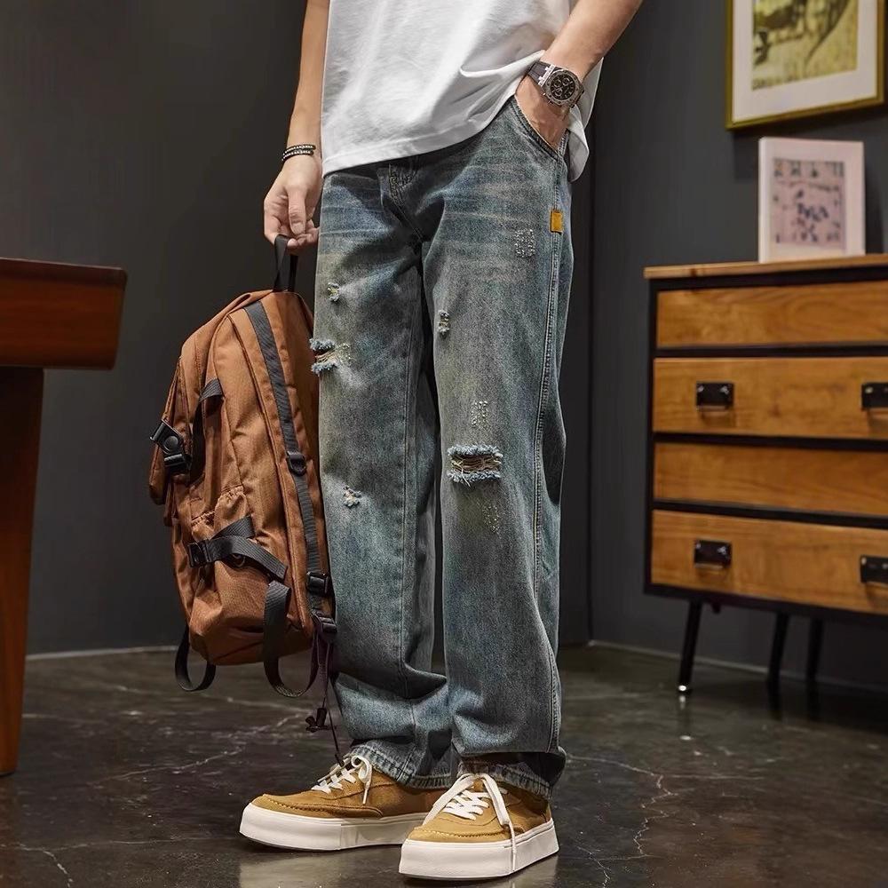 Zerrissene Jeans Herren Herbst Neu Retro Gewaschen Alt Lässig Hosen Amerikanische High Street Locker Gerade Hosen