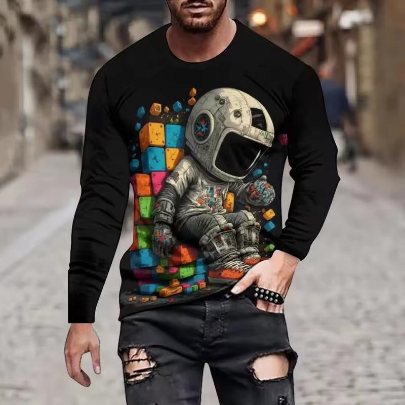 Street Personality Fashion Astronaut Fun Summer Men 3d Printed Crew Neck Long Sleeve Sleeve T-Shirt Loose Casual Clothing