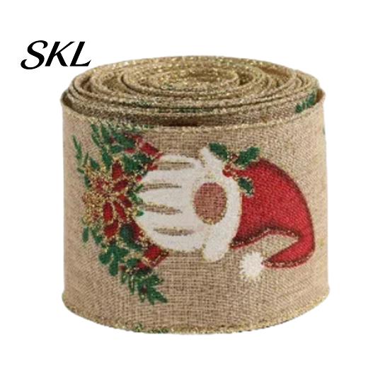 Linen Ribbon for Garland Making 1 Roll Burlap Christmas Gift Wrapping Tree Decor, Vintage Patterned Bows Imitation Wired Fabric DIY Crafts And