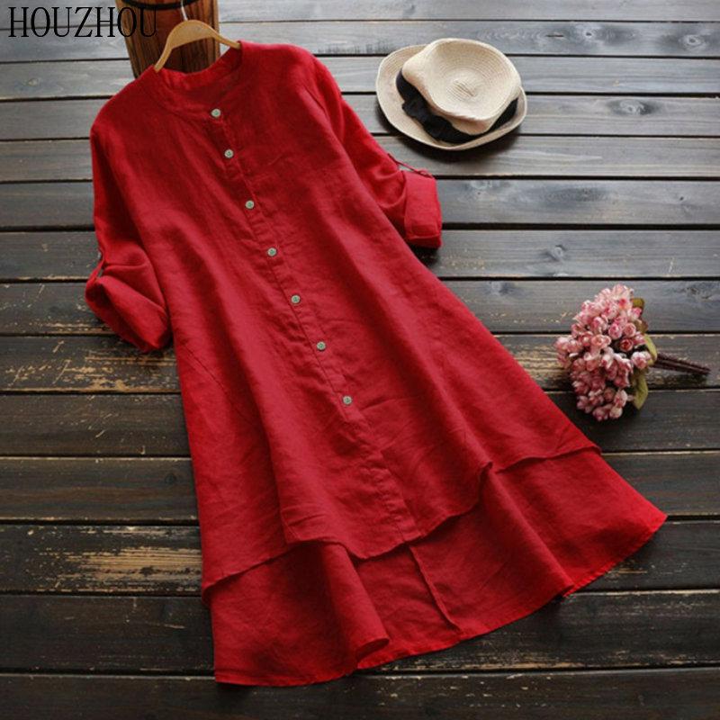 HOUZHOU Solid Cotton Linen Shirt Women Button Round Neck Long Sleeve Shirt Elegant Basic Office Ladies