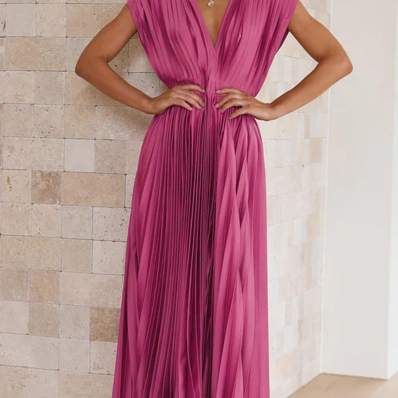Women's Pleated Midi Dress Sleeveless V Neck Fit and Flare Elegant Party Dress