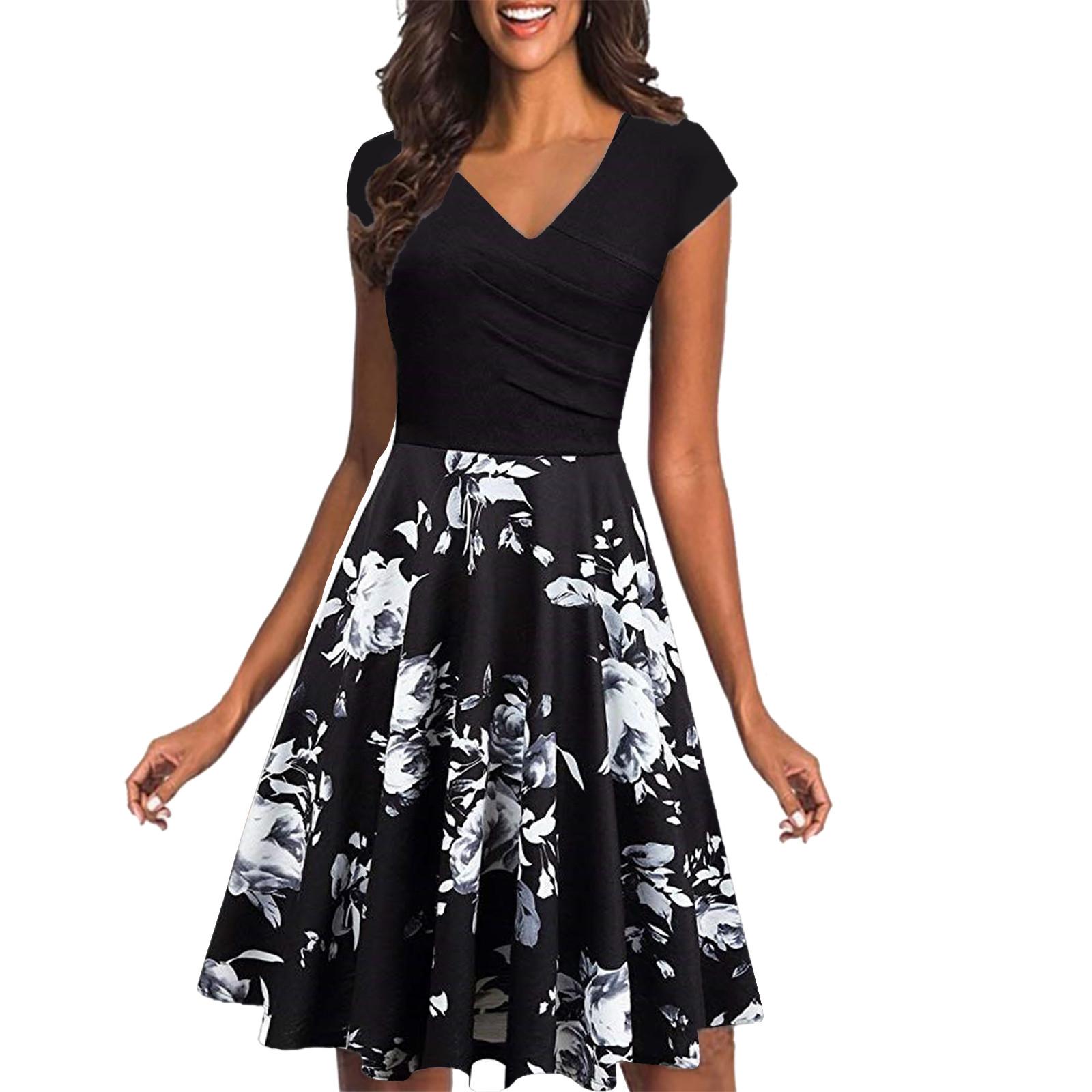 

Women s Casual Fashion Print Short Sleeve V-Neck Knee-Length Party Dress XXL чёрный