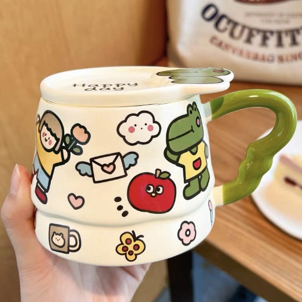Children's fun, cute graffiti ceramic mug with lid, birthday gift, household drinking water, high-value water cup, souvenir gift girl