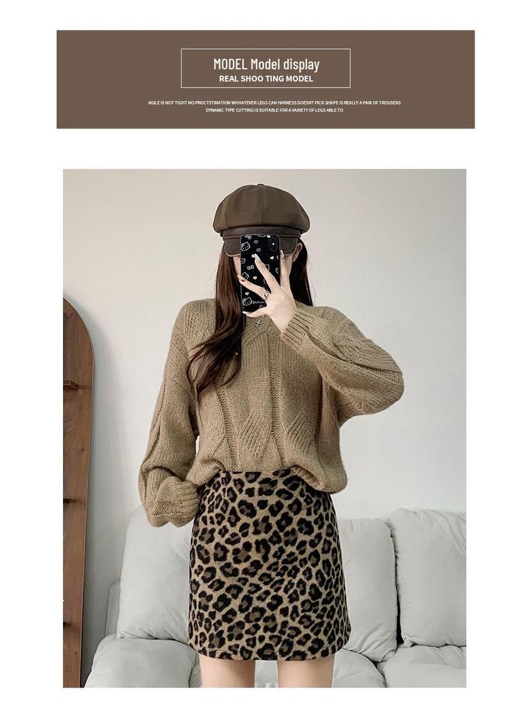 Women's High Waist Leopard Print Woolen Bodycon Skirt - Autumn/Winter 2026 Collection